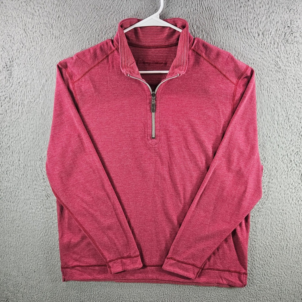 Tommy Bahama Mens Quarter Zip Pullover Red Heather Cotton Blend Marlin Logo L